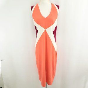 Synergy Organic Cotton Sleeveless Dress LARGE Colorblock Pullover Orange Ivory